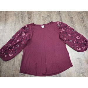Chico's Dark Red Floral Sleeve Blouse Shirt Size 2 Large